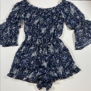 American Eagle Navy Floral Off Shoulder Romper Ruffle Sleeve Size Small